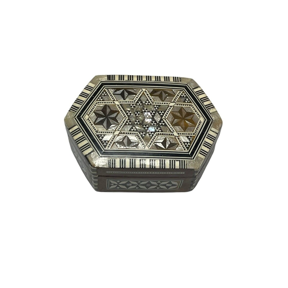 Handmade Wood Inlaid Hexagon Jewelry Box 5x3x2” Velvet Lined